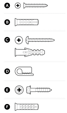 An example of included screws, washers, and cable clips that come with the device.