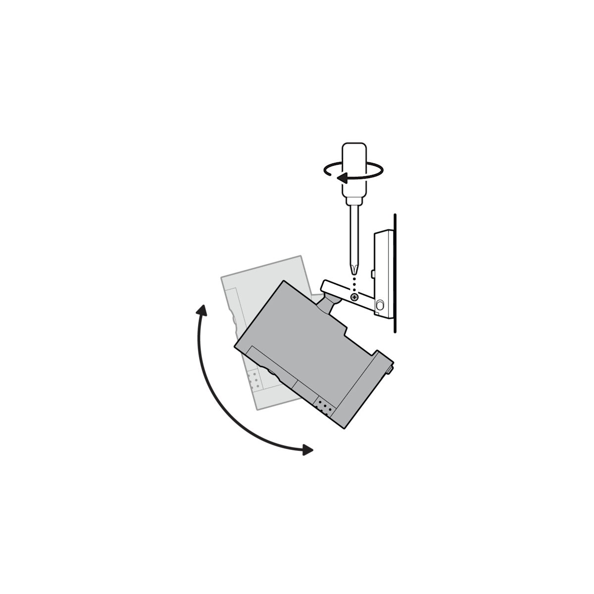 Illustration showing the range of the camera’s angle, then tighten the screw on the camera mount arm if adjustments are made.