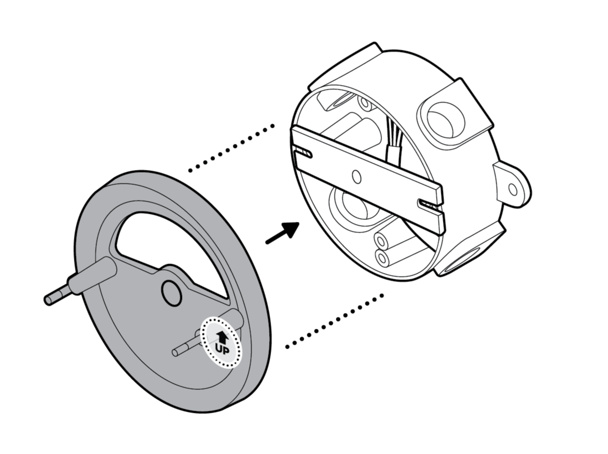 Illustration to show aligning the mounting plate over the metal mounting bracket with the UP arrow pointing up.