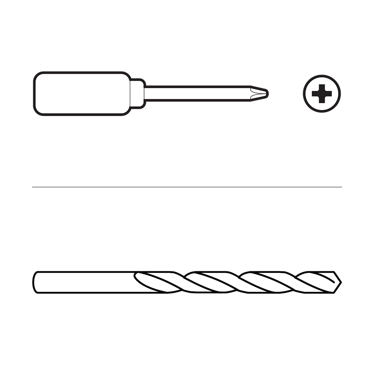 Illustration of cross point screw driver and 6mm drill bit.