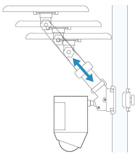 Illustration of a Stick Up Cam on a Pole Mount showing how to twist the knob on the pole to extend/retract or remove the Solar Panel arm. 