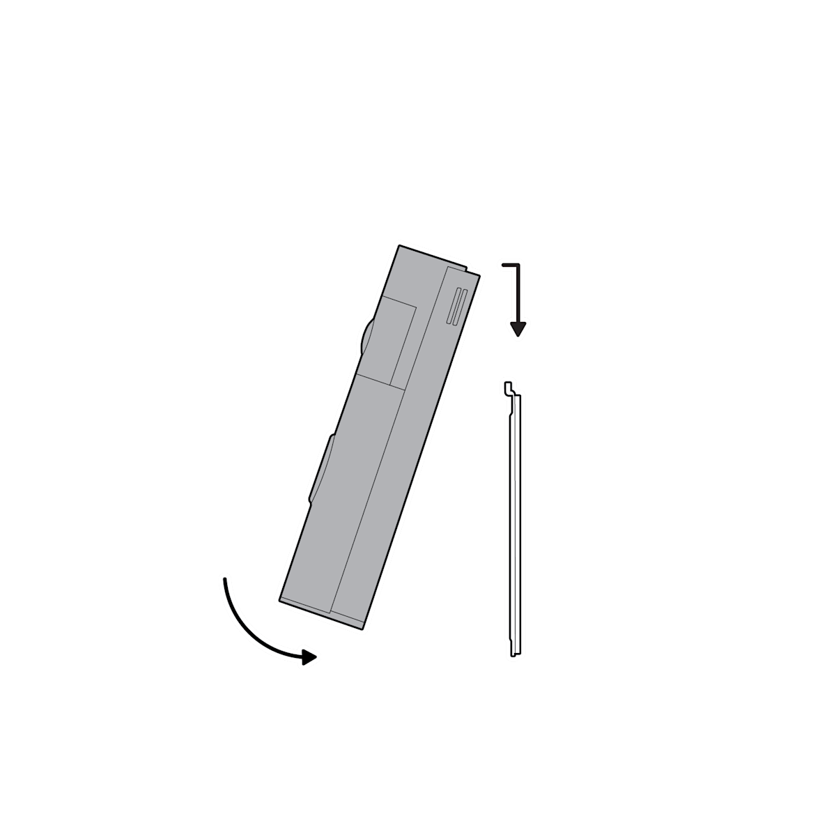 Illustration showing the doorbell being hooked to the mounting bracket. 