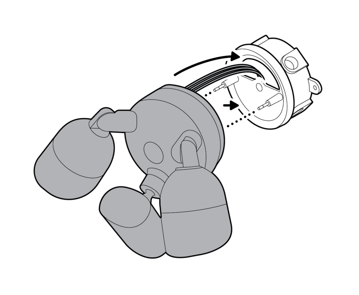 Illustration to show the camera wires tucked into the junction box, then securing the threaded posts on the mounting plate through the holes on the camera with the included hex nuts.