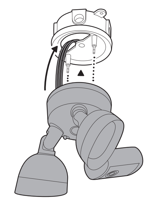 Illustration showing how to Gently tuck the wires into the junction box, then align the holes on your camera fixture with the threaded posts on the mounting plate and attach using the included hex nuts.