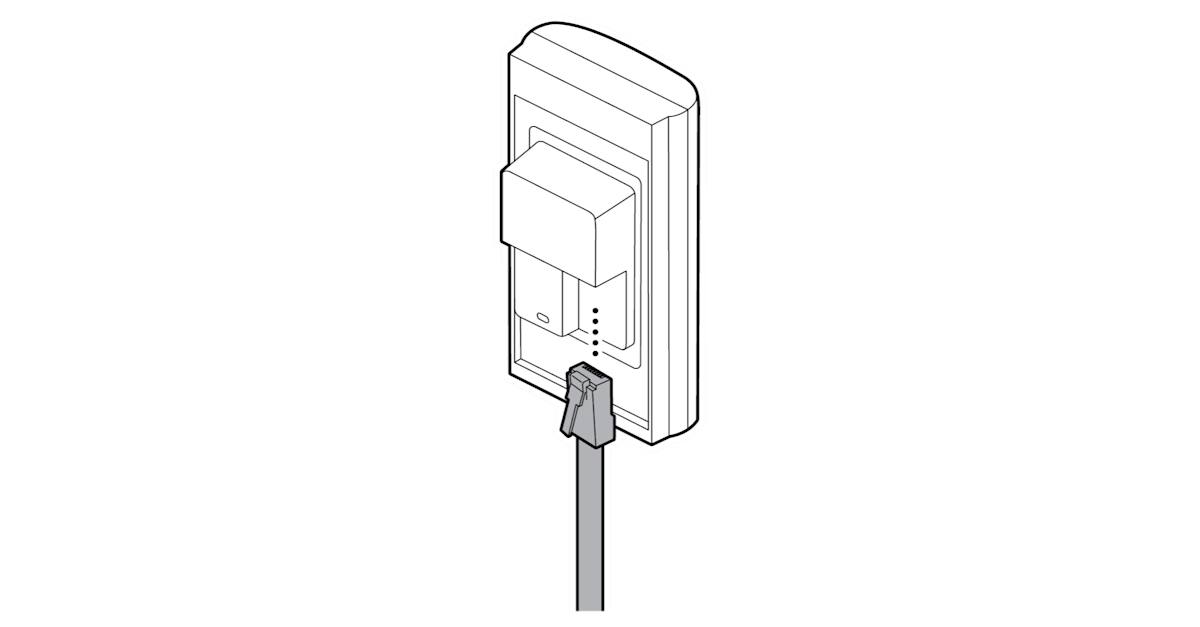 Simple line drawing of the back of the ring camera with a dotted line from the Ethernet cable to the Ethernet port. 