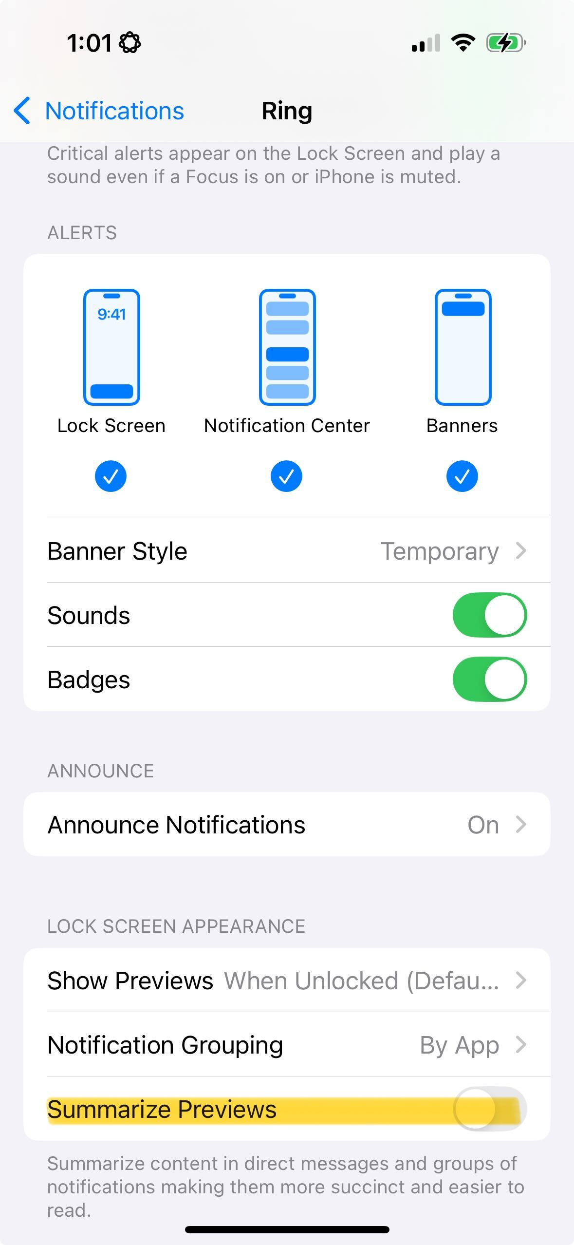 Summarize Preview under Notification in iOS 18.1