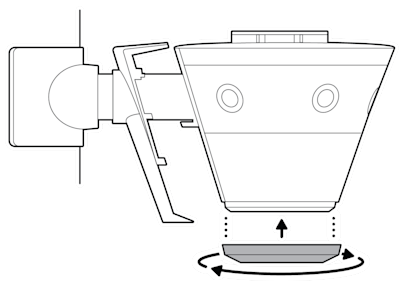 An illustration of the cable cover on the bottom of the device being attached, by rotating the cover counter-clockwise.