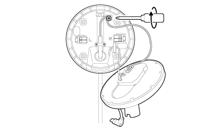 Technical diagram showing a screwdriver fastening the earth screw