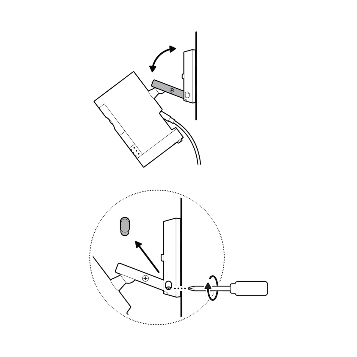 Illustration of the camera’s position range. After adjusting the position, the rubber cap has been removed to tighten the screw and then replaced.