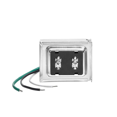 Ring Hardwired Transformer with silver casing, black front panel with two terminals, and green, black, and white attached wires.