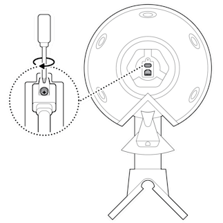 An illustration of the power or Ethernet cable being plugged into the bottom of the device, and the security screw being tightened when a USB-C cable is used.