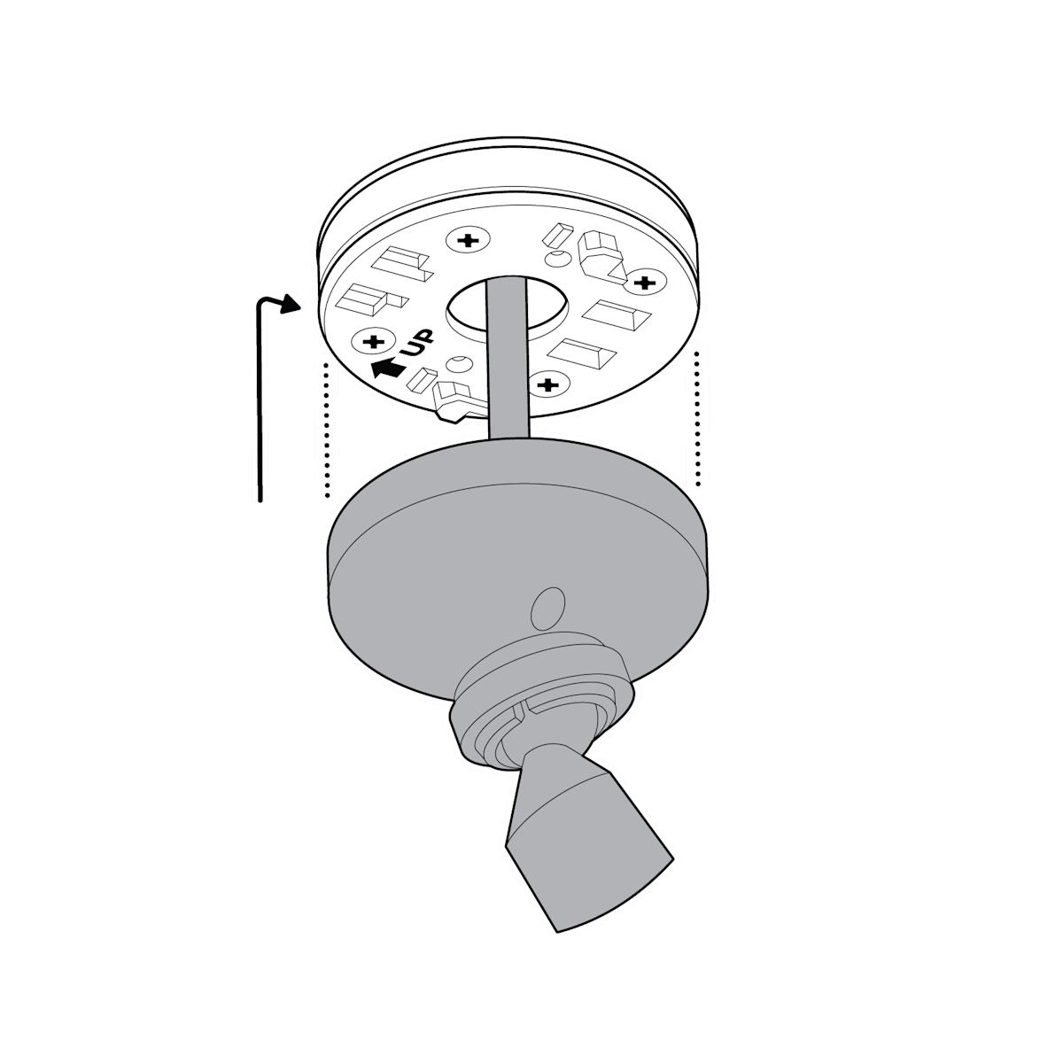 A camera mount with dotted lines leading up to a mounting plate. An arrow pointing up and to the right showing sliding the mount on to the plate.