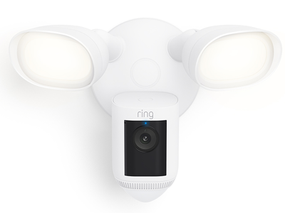 Floodlight Cam Wired Pro speaker is enabled and camera is recording light pattern solid blue light.