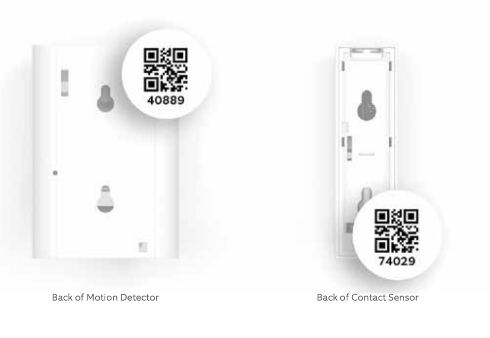 Back view of Motion Detector and Contact Sensor with QR codes.