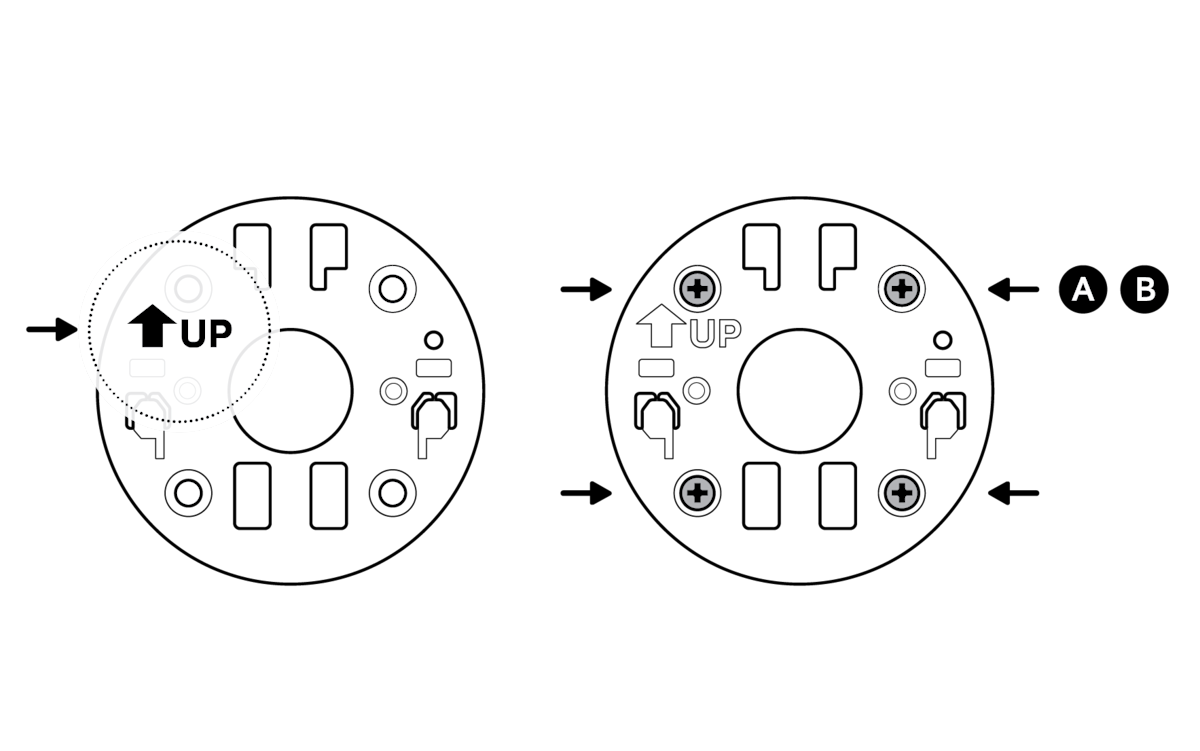 Illustration showing how to mount the mounting plate with the UP arrow pointing up.