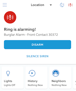 Illustration showing the "Ring is Alarming!" message and the Disarm and Silence Siren buttons in the Ring app. 