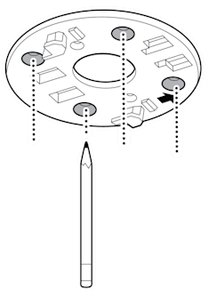 An illustration of the mounting plate being used as a guide to mark screw holes on a ceiling with a pencil.