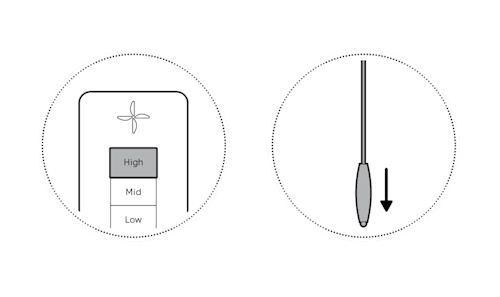 Illustration of the High button on the remote and a chain with a downwards arrow next to it.
