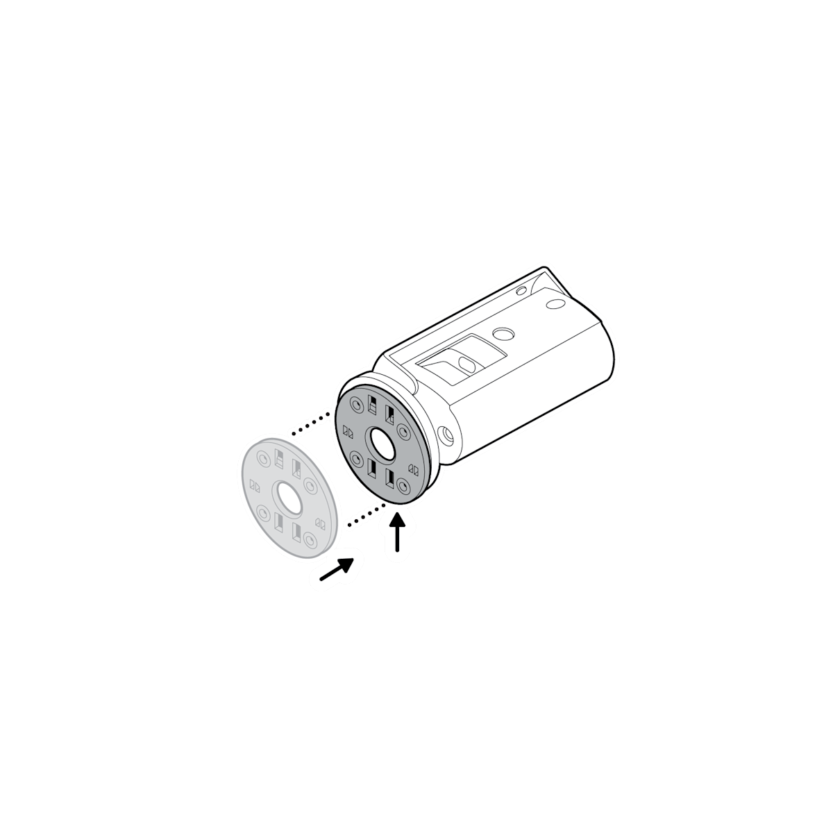 Illustration showing how to reattach the mounting plate by sliding until you hear a click to secure.