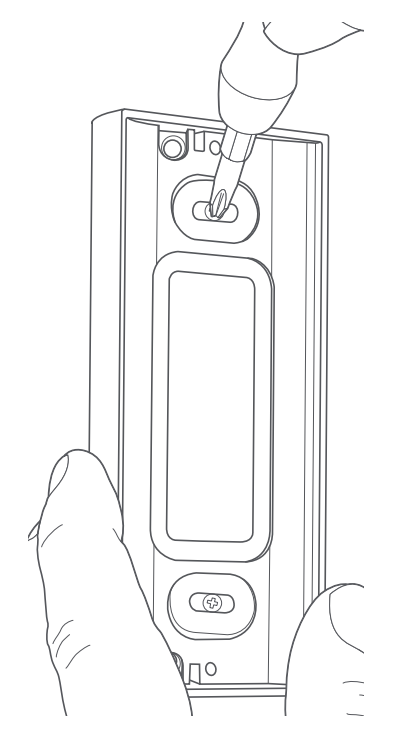 Illustration inserting screws into oblong holes on a doorbell and securing with a screwdriver.