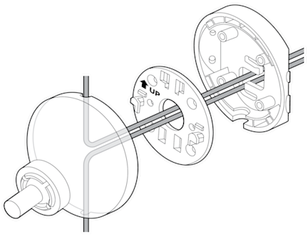 An illustration of the power or Ethernet cable being routed through a slot in the center of the corner mount and mounting plate.