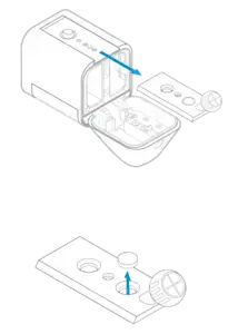 Press the button on the back of the Spotlight Cam and slide the mounting plate out of its slot. On the mounting plate, pop the rubber weatherproofing plug out of its hole.
