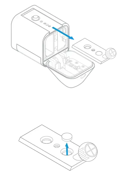 Press the button on the back of the Spotlight Cam and slide the mounting plate out of its slot. On the mounting plate, pop the rubber weatherproofing plug out of its hole.
