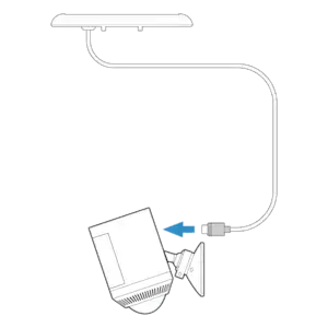 Illustration of a Spotlight Cam with a USB-C cable coming out of the solar panel and a blue arrow pointing toward the port on the camera, showing how to connect it.
