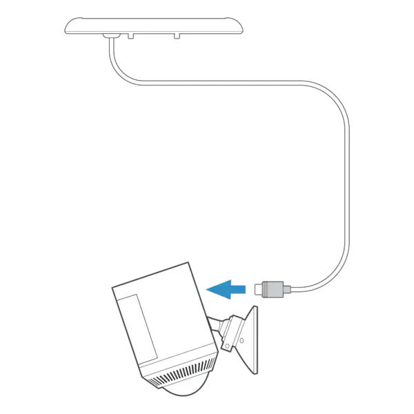 Illustration of a Spotlight Cam with a USB-C cable coming out of the solar panel and a blue arrow pointing toward the port on the camera, showing how to connect it.