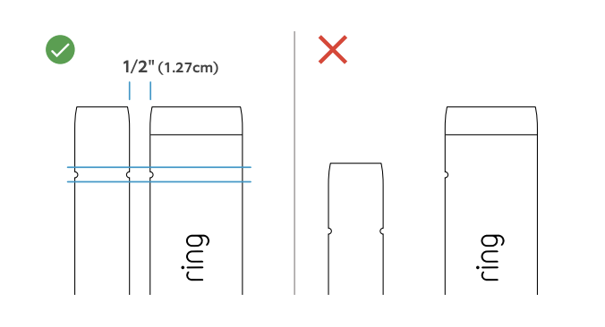Diagram showing the contact sensor mounted correctly 1/2" apart from the magnet, with a green check, and incorrectly, with a red X.