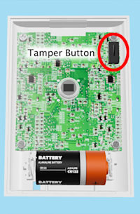 Illustration showing where to find the tamper button on the Ring Alarm Motion Detector (1st Gen). 