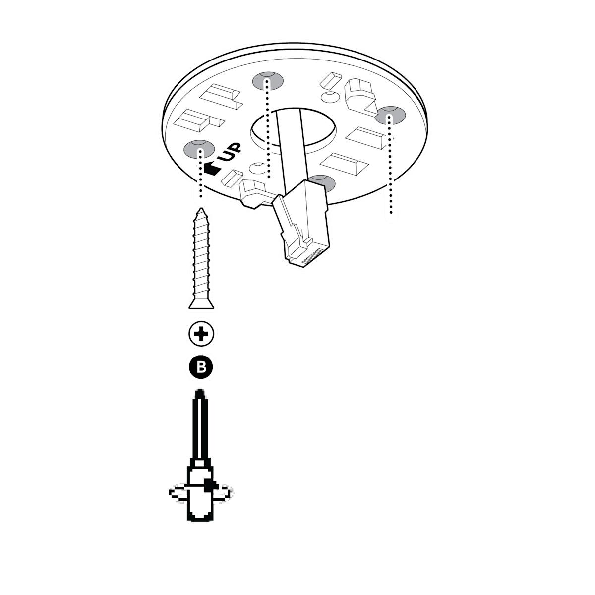 A mounting plate with an Ethernet cable through it, a screwdriver, a screw with a plus on it (B), and dotted lines leading toward the screw holes.