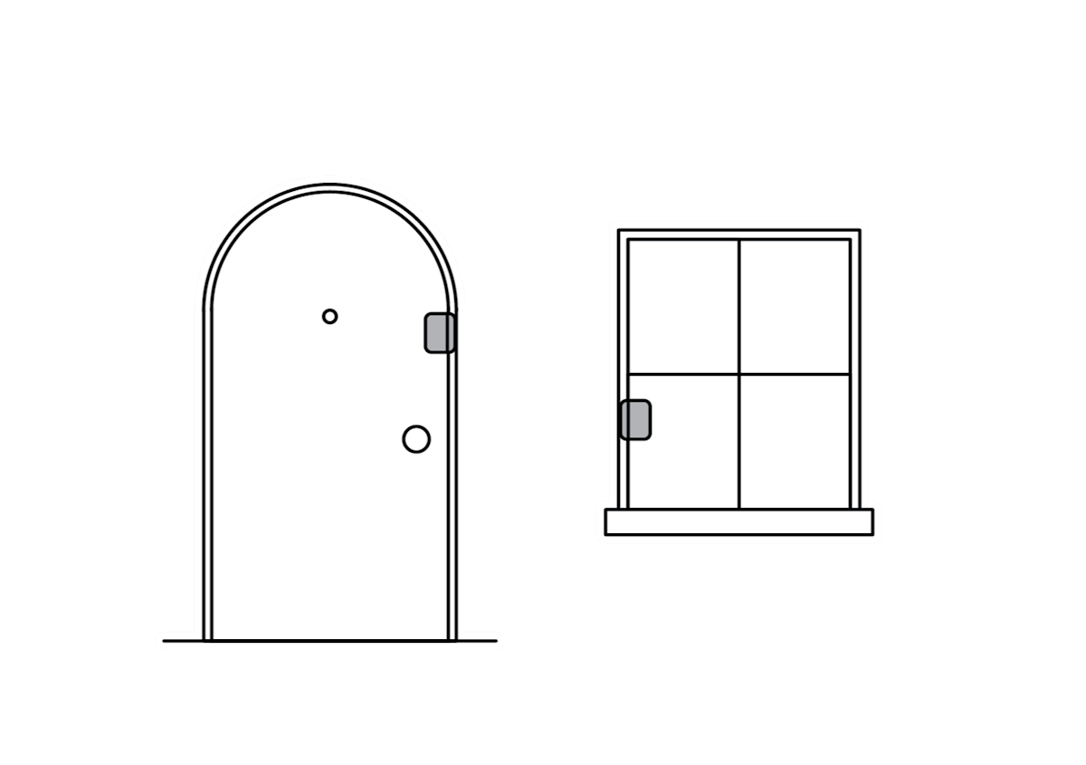 Illustration to show possible positions to install an Outside Door Sensor on a window or door frame.