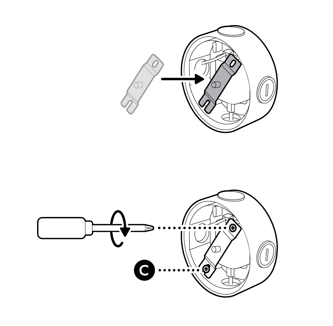 Illustration showing how to attach the metal crossbar with screws, starting with the closed screw hole.