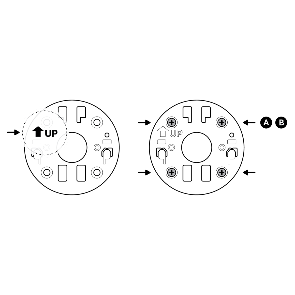 Illustration showing the mounting plate with the UP arrow pointing opposite of the desired viewing direction.
