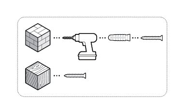 Illustration to show hardware and screws to use when installing on masonry vs wood.