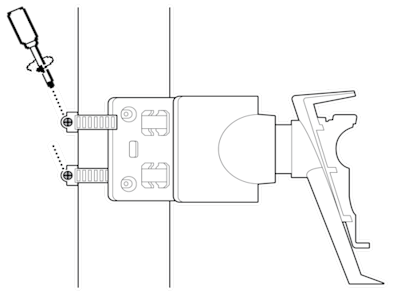 An illustration of the metal straps being secured, using a screwdriver to tighten the screw on the fastener head.
