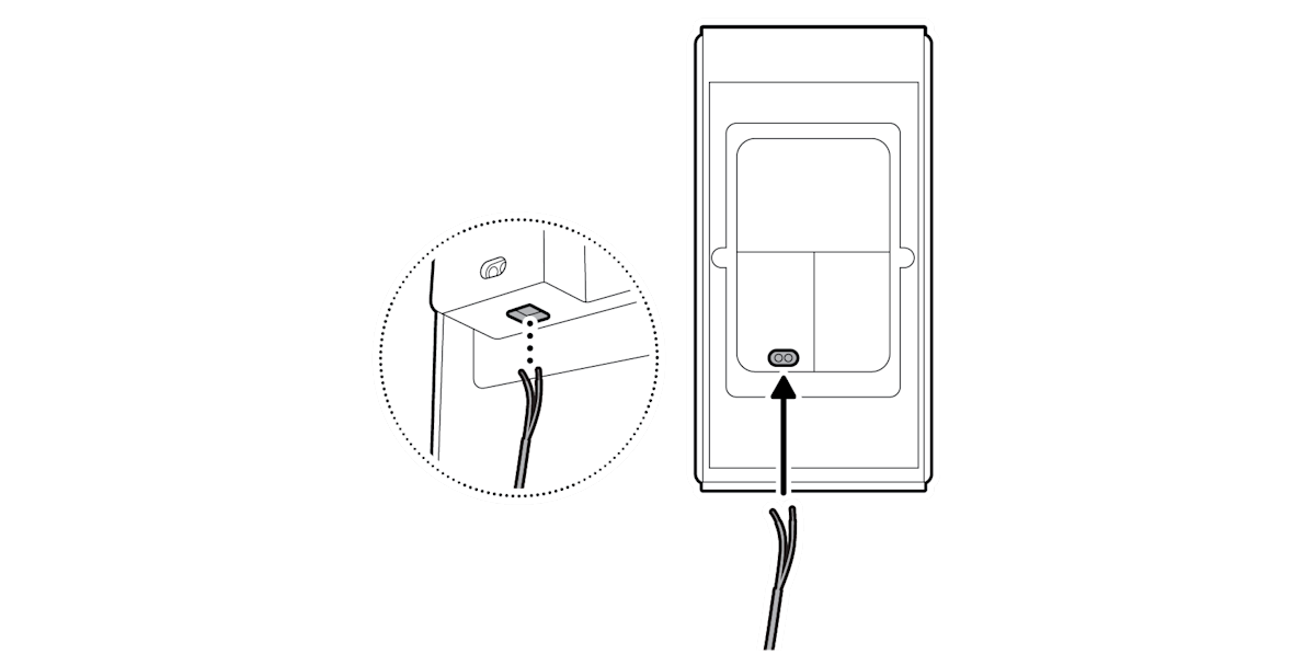 Line drawing of a ring camera indicating where hardwires connect