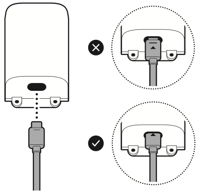 Illustration showing how to plug the included USB-C cable into the adapter until the indicator line disappears.