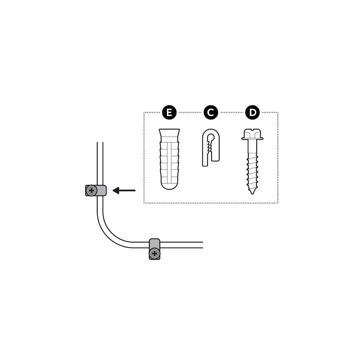 Illustration showing cable clips and screws 