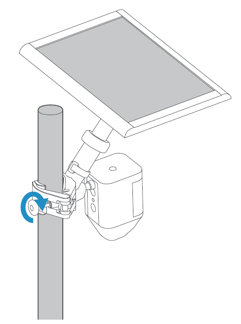 Illustration of a camera on a pole mount with a blue curved arrow circling right around the knob to secure it to the mounting pole.
