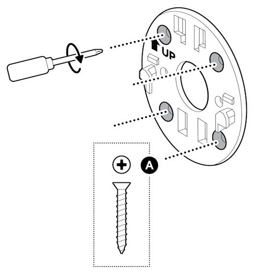 An example of the mounting plate being installed, turning the screwdriver clockwise to tighten the included screws.