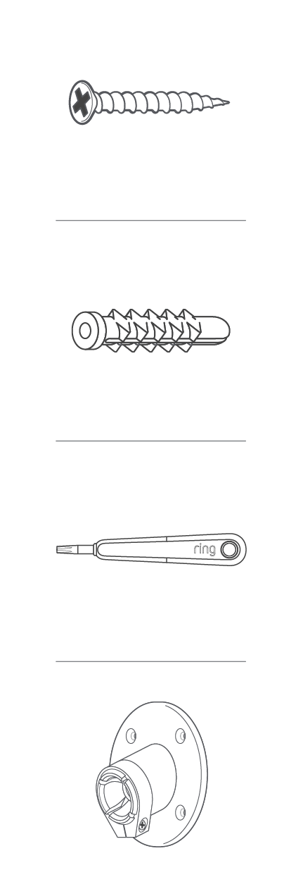 Illustration of included hardware: screws, anchors, bracket, screw driver.