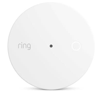 Ring Alarm Glass Break Sensor with a user button on the front surrounded by an LED indicator light.