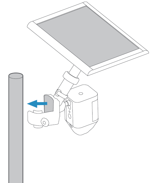 Illustration of a solar panel and camera on a Pole Mount with an arrow showing connecting the mount to the pole. 
