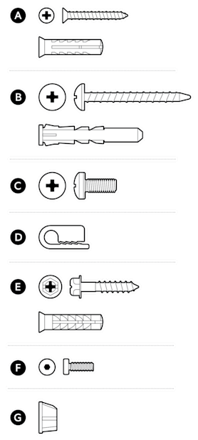 An example of included screws, washers, cable clips, and security screws that come with the device.
