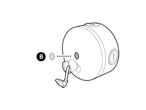 Illustration to show placing the rubber cap (B) into the center screw hole.