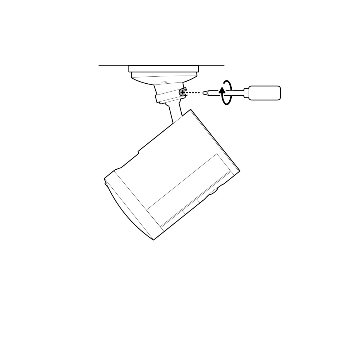 Screw driver with arrows pointing to the right to tighten the ball joint to secure Spotlight Cam (2nd Gen) in place