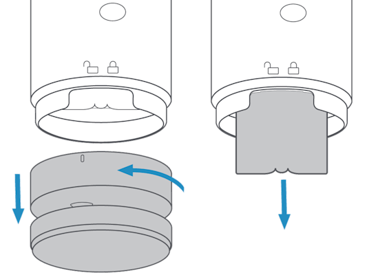 A Stick Up Cam with a curved arrow indicating turning the cover counterclockwise to remove it and a downward arrow showing pulling the battery out.