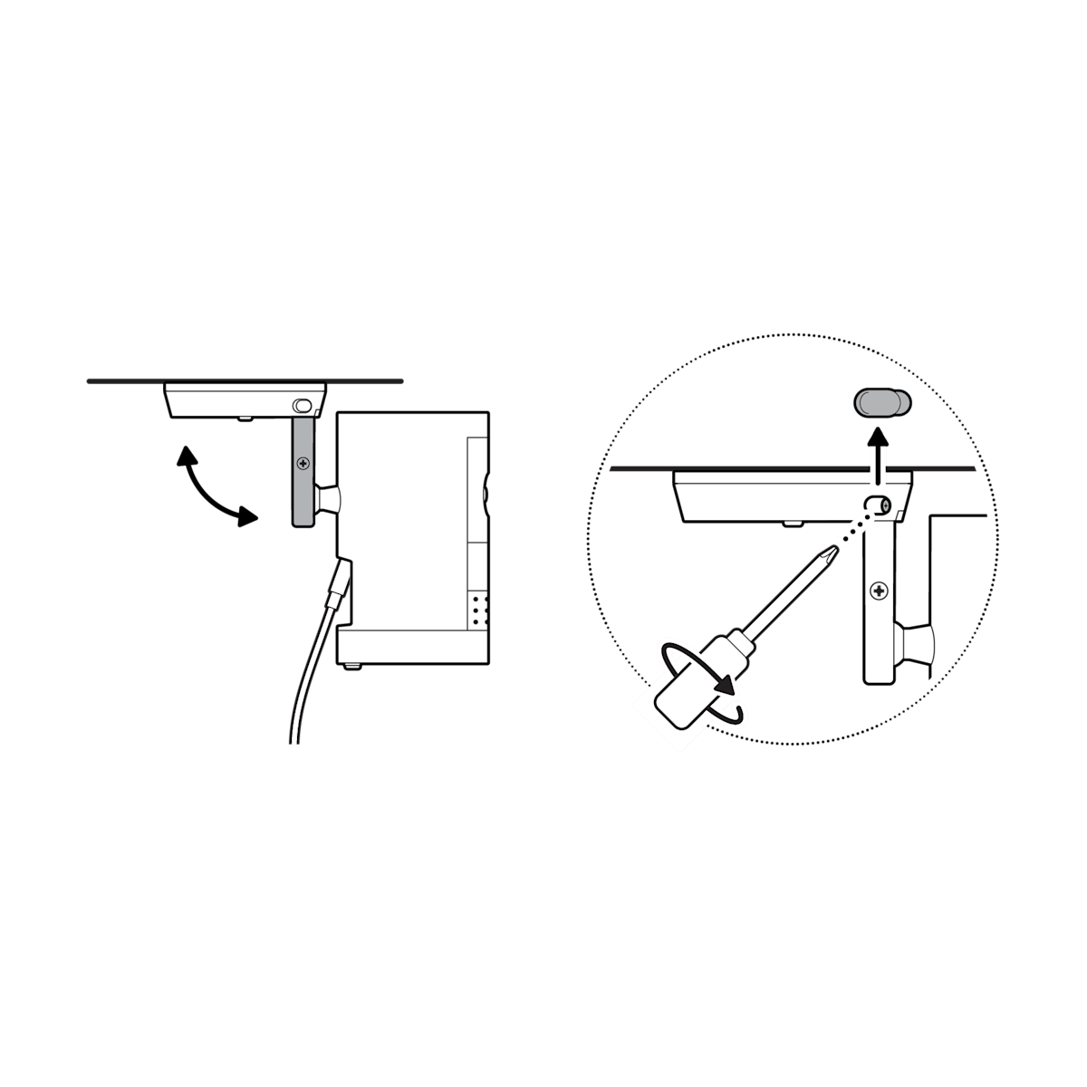 Illustration of adjusting the camera’s position, removing the rubber cap at the base of the camera mount and tightening the screw to secure in place.